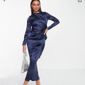 High drape neck satin maxi with long sleeves in navy
